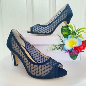 NINA ~ Navy Blue Peep-Toe See-Through Mesh and Sparkle 3.5” Heels size 8.5